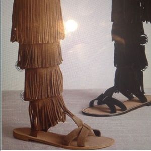 Colin Stuart Brown Suede Knee High Fringe Sandal